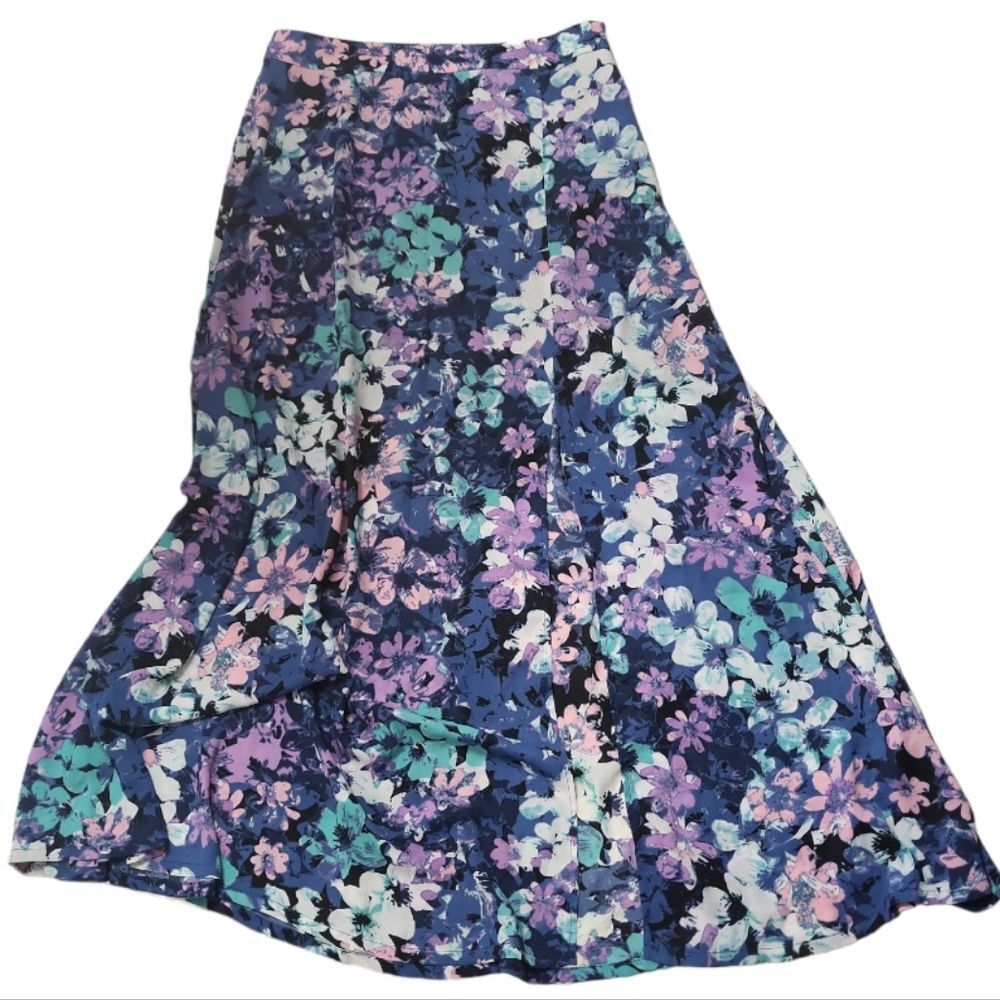 NEIMAN MARCUS Vtg Blue Floral Long Maxi Skirt with Sexy Left Leg Slit Size S